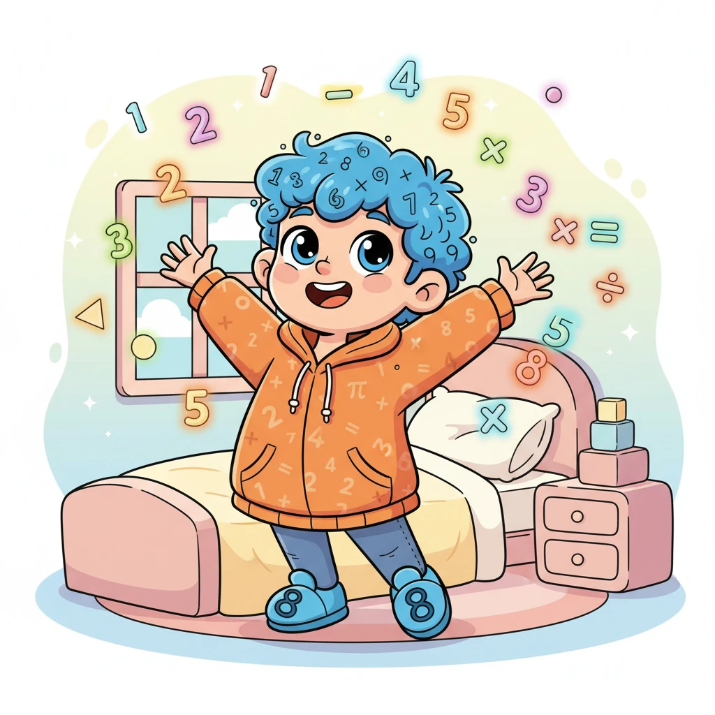 Числик, маленький и жизнерадостный числовой дух, просыпается в своей уютной комнате. Вокруг него парят веселые цифры и математические символы, наполняя пространство яркими цветами. Он потягивается, готовый к новому дню, полному увлекательных открытий.