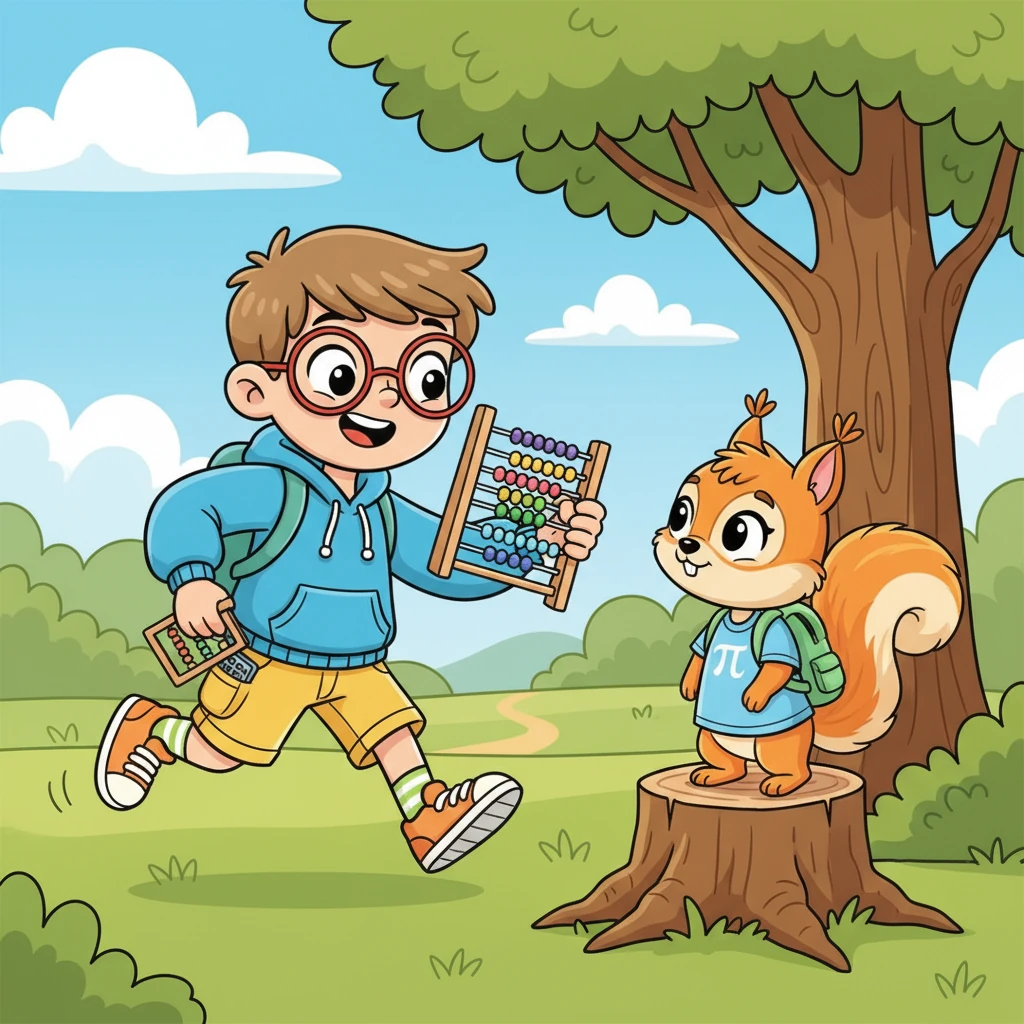 С улыбкой Числик быстро выбегает на улицу, доставая из своего кармашка блестящие счеты. Он предлагает Белке свою помощь, объясняя, что деление может быть очень простым и веселым занятием. Белка с любопытством смотрит на необычный инструмент Числика.