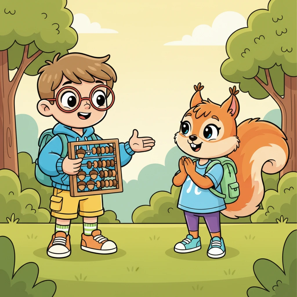 Числик терпеливо показывает Белке, как группировать орехи, перекладывая их по одному на разные стороны счетов. Он объясняет, что если у тебя есть восемь орехов и четыре брата, то каждый получит по два. Белка радостно хлопает в ладоши, понимая, как это работает.