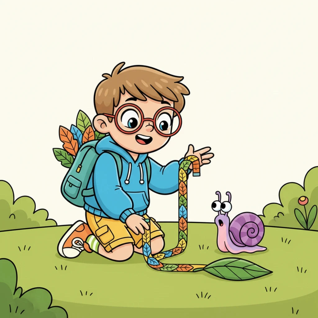 Числик достает из своей сумки яркую, гибкую рулетку, сделанную из цветных листочков. Он аккуратно измеряет расстояние от Улитки до листа, объясняя ей понятие длины. Улитка с удивлением узнает, что ей осталось всего несколько сантиметров.