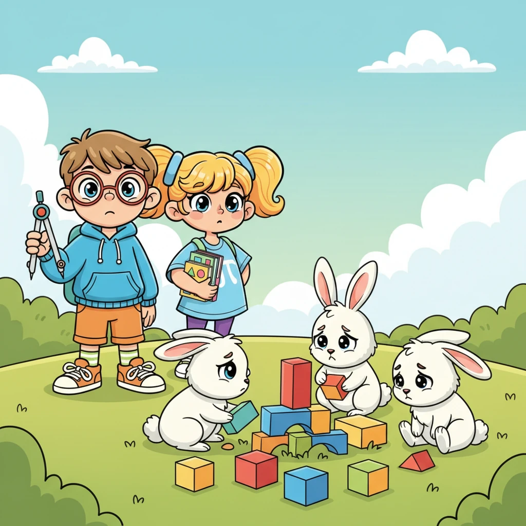 Их путь приводит к группе резвящихся Зайчиков, которые пытаются построить самую высокую башню из кубиков. Однако их башня постоянно падает, потому что они не могут понять, как правильно складывать кубики разной высоты. Зайчики грустно смотрят на развалины.