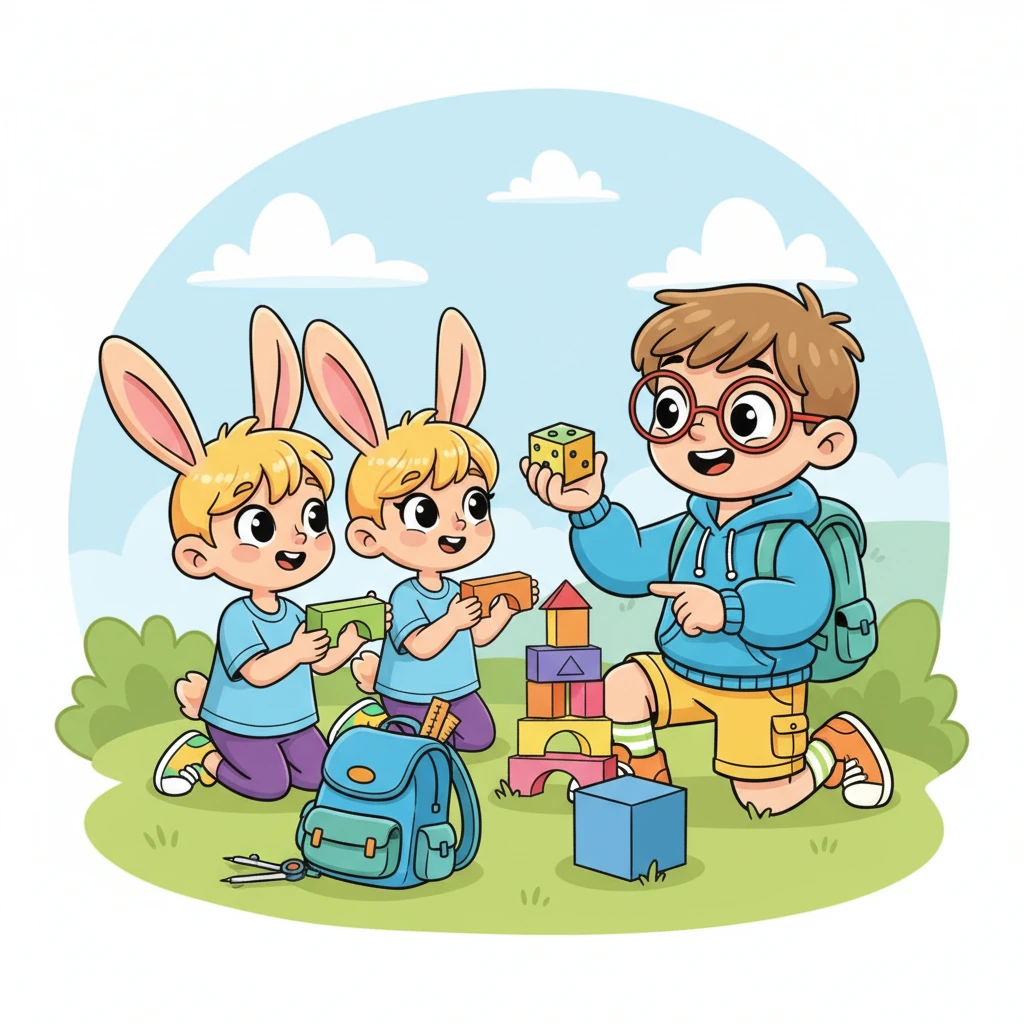 Числик подбегает к Зайчикам и весело объясняет им принцип сложения. Он показывает, как можно сложить высоту маленького кубика с высотой большого, чтобы получить общую высоту. Зайчики с энтузиазмом начинают строить новую, более крепкую башню.