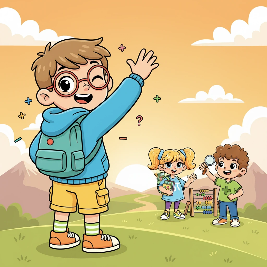 Числик машет на прощание своим друзьям, обещая новые приключения. С озорной улыбкой он напоминает всем, что математика повсюду, и каждый может стать ее другом. Он подмигивает, исчезая за горизонтом, готовый к новым числовым приключениям.