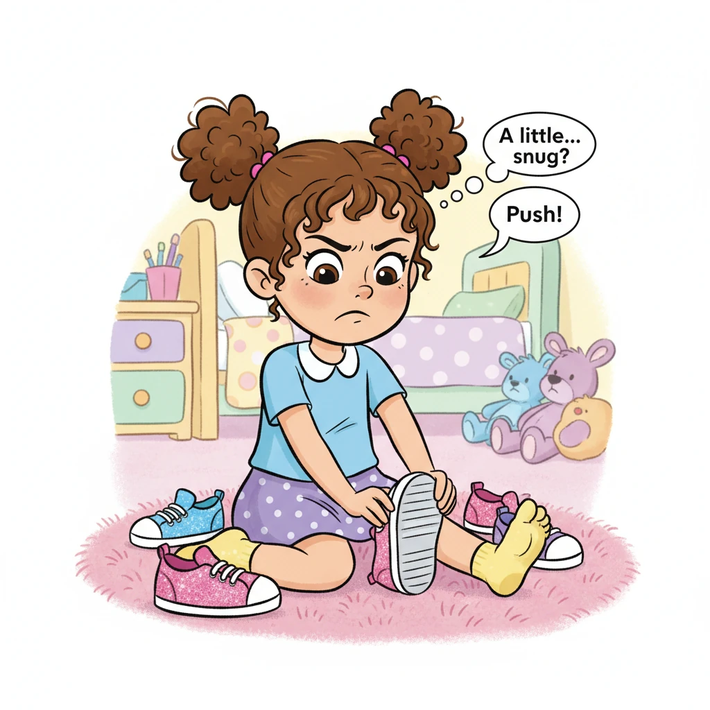 Lily loved her sparkly pink sneakers more than anything. She wiggled her toes inside them, but lately, they felt a little… snug. She tried to push her foot deeper, her brow furrowed in a tiny, determined frown.