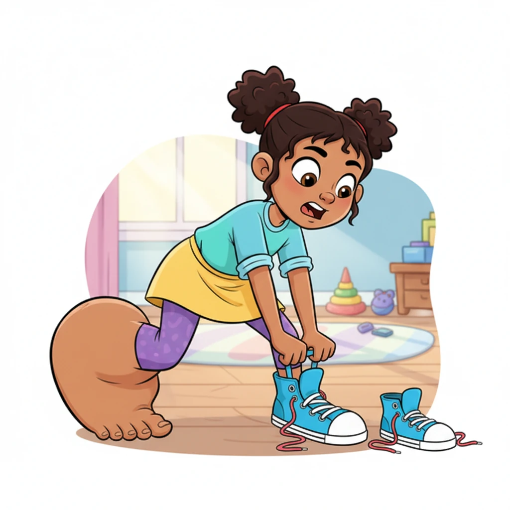 The next morning, it was impossible! Her foot, now noticeably larger and rounder, simply wouldn't slide into the sneaker. She pulled and tugged with all her might, nearly toppling over as the shoe stubbornly refused to budge, looking comically small against her foot.
