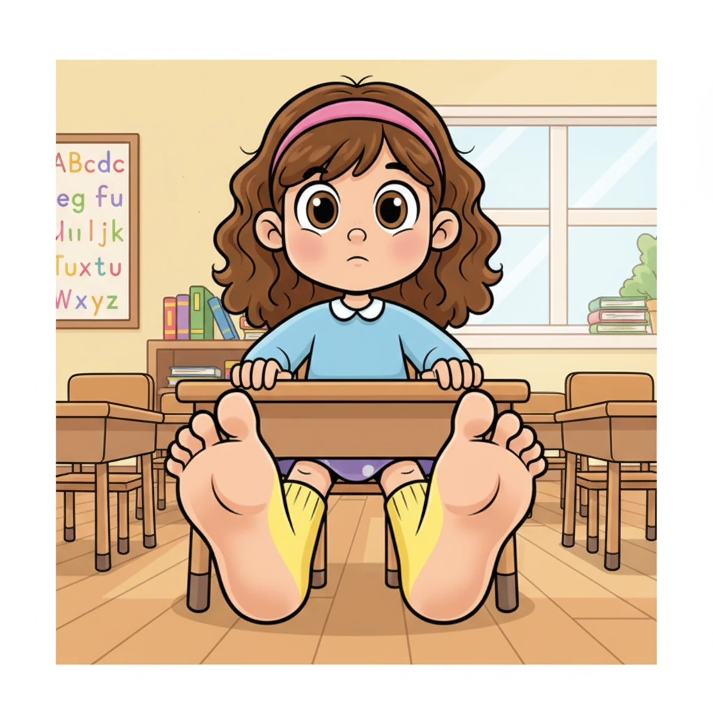 At school, sitting at her little wooden desk felt different. Her feet, now even bigger, jutted out from under the table, bumping against the legs. She tried to tuck them in, but they just wouldn't cooperate, sticking out like two giant, friendly boats.