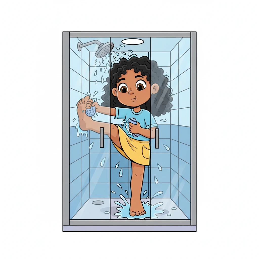 Shower time became an acrobatic challenge. Lily squeezed into the small stall, but her feet took up so much space, she had to stand on one foot to wash the other, balancing precariously. Water splashed everywhere as she tried to maneuver her oversized toes.