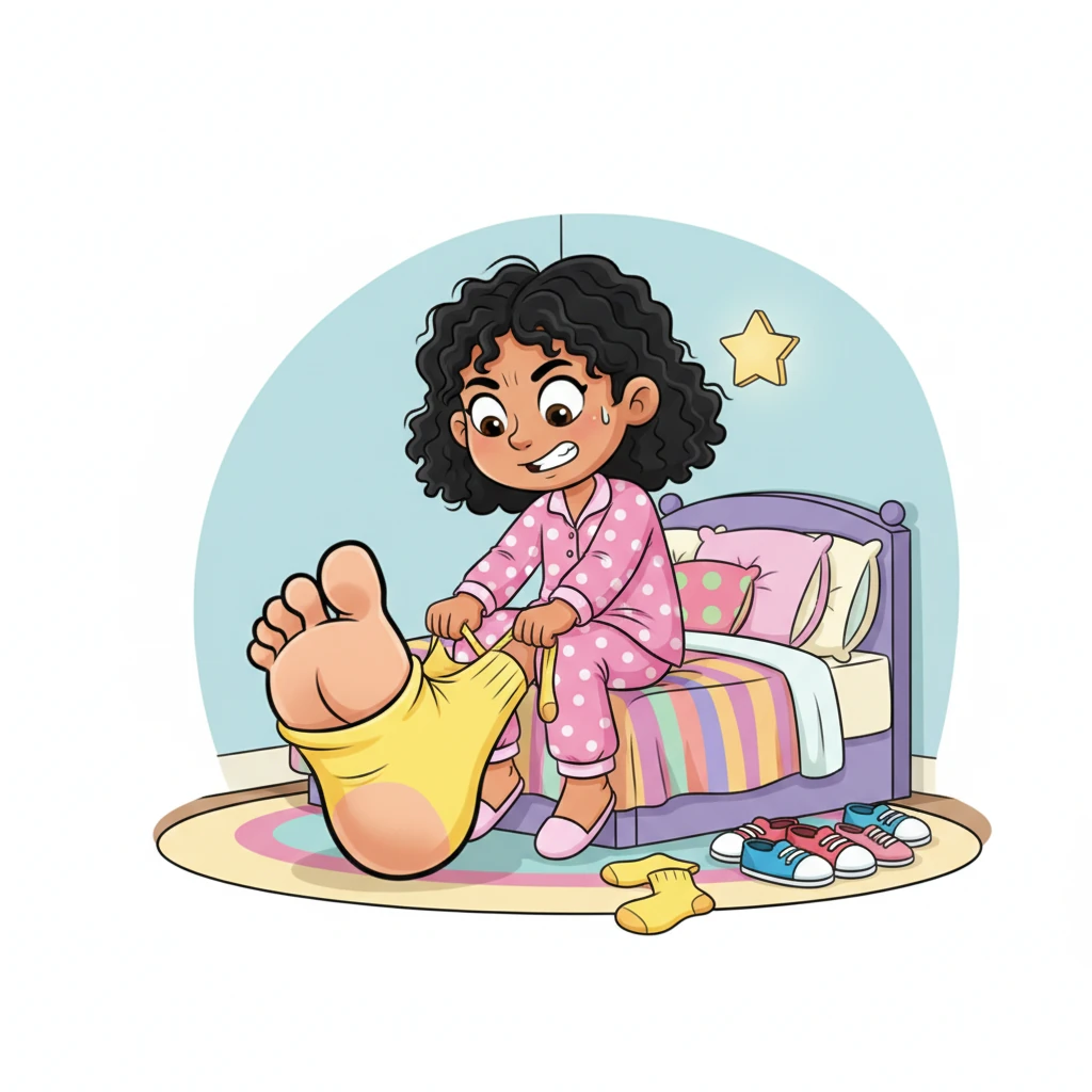Putting on socks was a true adventure. Lily sat on her bed, wrestling with a bright yellow sock that stretched and strained around her enormous foot. It looked like a tiny banana peel trying to cover a giant, wobbly melon.