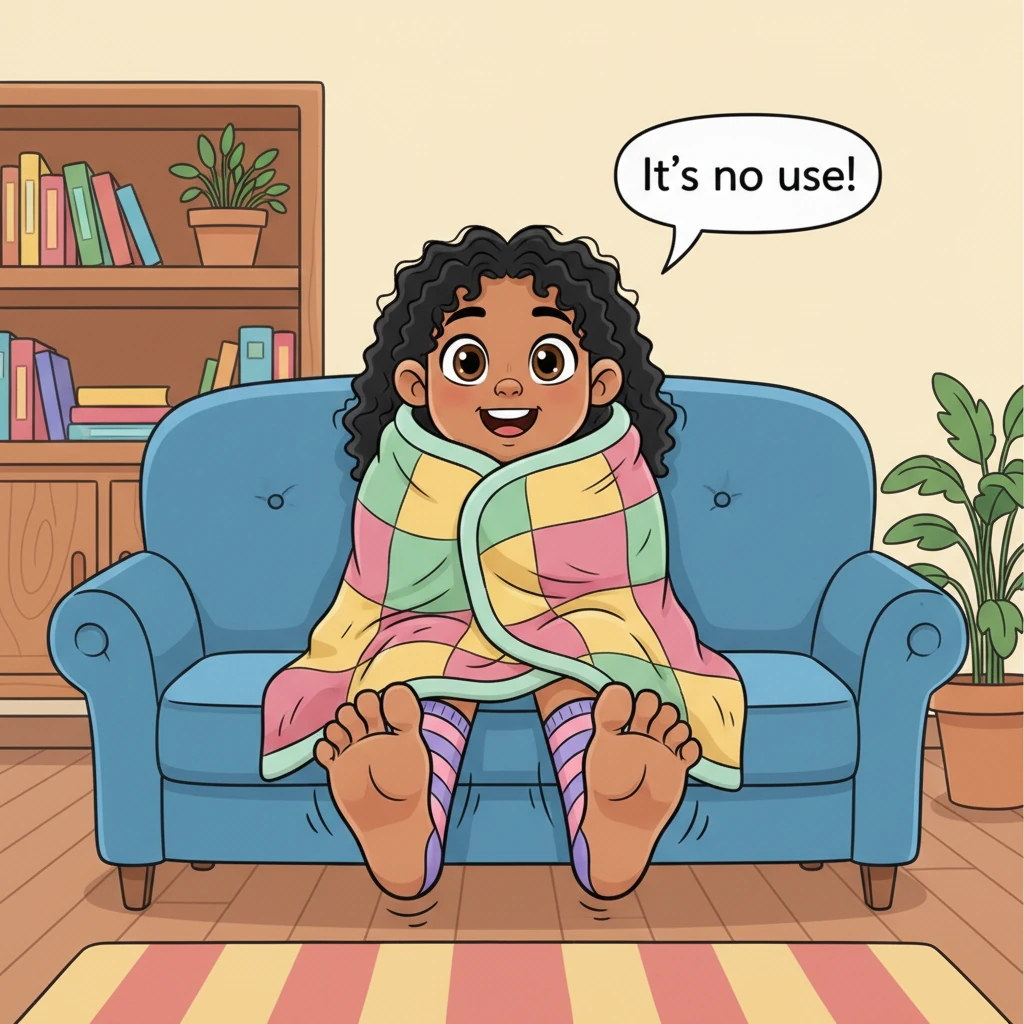 Lily tried her best to hide her ever-growing feet. She sat on the couch, pulling a blanket all the way up to her chin, but her feet still poked out the bottom, creating two giant, noticeable lumps that wiggled playfully. It was no use!