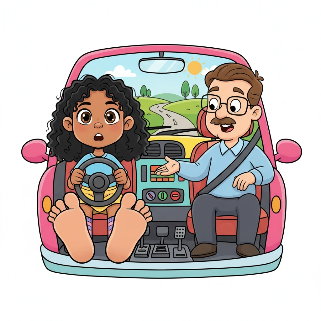 Years later, it was time for driving lessons, a moment Lily had long awaited. But when she sat in the driver's seat, her feet were so big they covered all three pedals at once! Her instructor looked on with a mix of surprise and amusement.