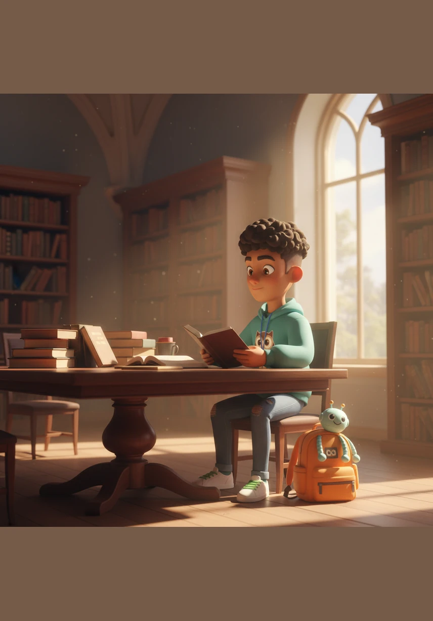 Arav sits by a large window in a quiet library, surrounded by books and the soft glow of the afternoon sun. He is a silent observer of the world, finding peace in his own thoughts while the pages of his life remain waiting for a new chapter.