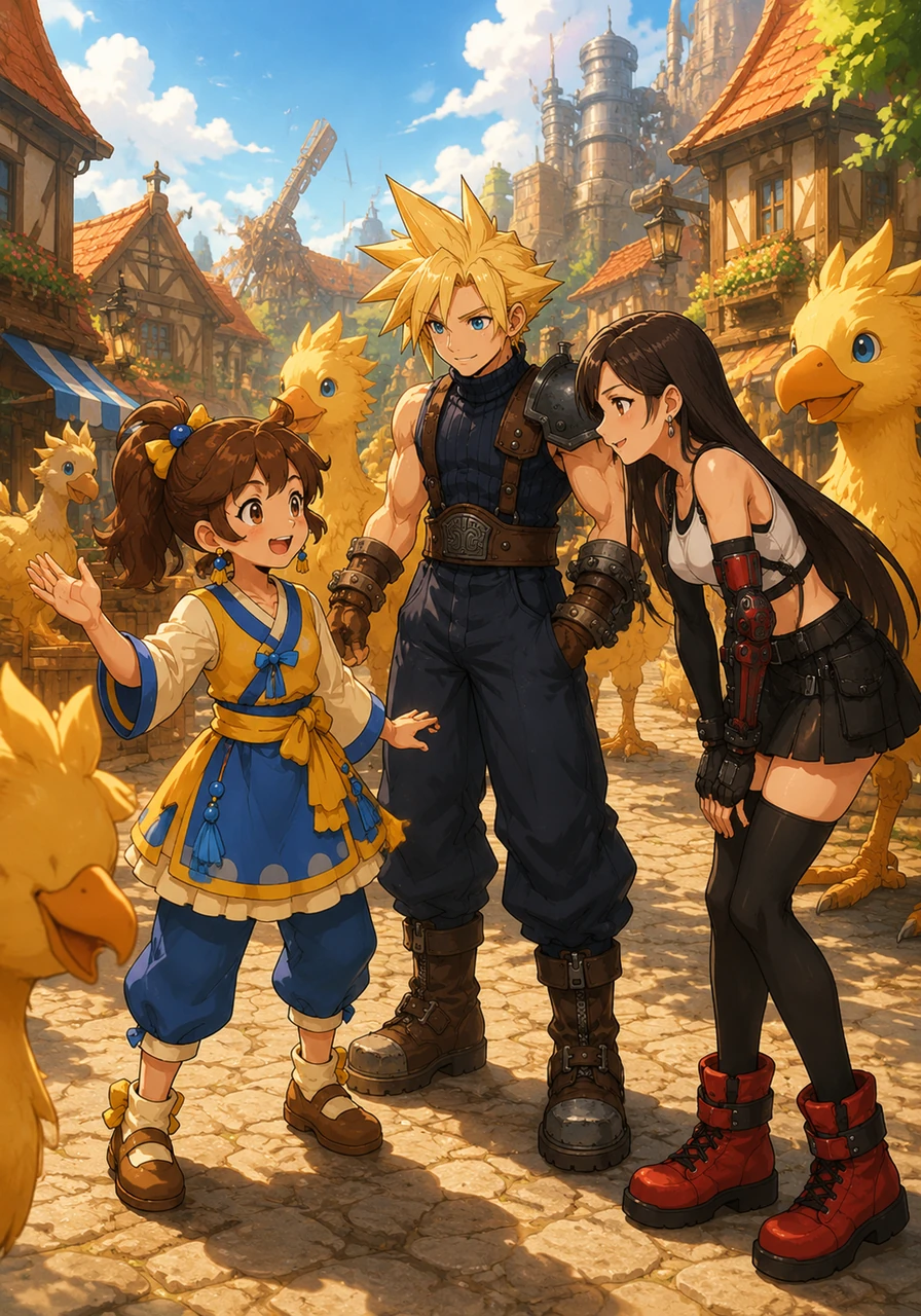 In the cozy town of Midgarvale, bright sunshine and happy chocobos were part of everyday life. Astra, a cheerful summoner in training, loved spending sunny afternoons greeting her friends. The whole town felt warm and peaceful.