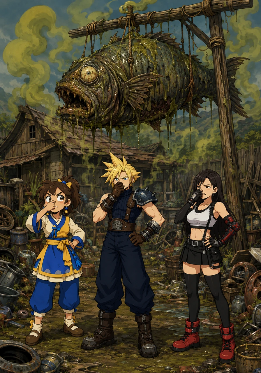 Astra and her friends, including Cloud and Tifa, followed the yucky smell trail. They found the source: a gigantic, goopy, ugly fish hanging from a high pole in the untidy yard of a very grumpy neighbor. The air around it looked like a swamp.