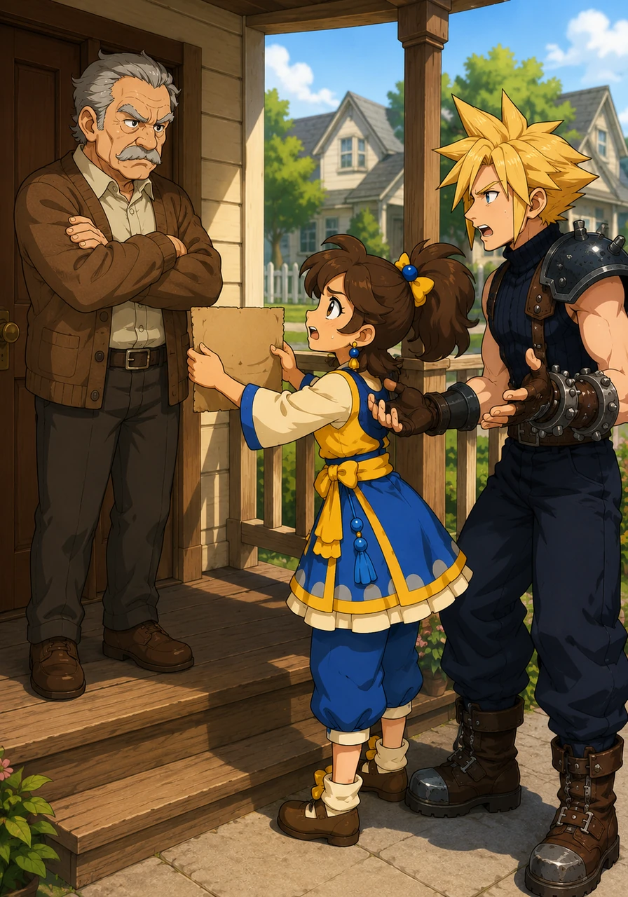 Astra tried asking the neighbor nicely to please move the fish, offering a small sign she made. But the grumpy old man just stood on his porch with crossed arms and refused to listen, completely ignoring Barret's loud complaining.