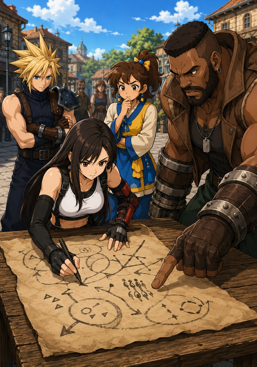 The heroes gathered in the town square, far from the smell. They were serious now. Tifa spread out parchment and drew plans for a peaceful protest, while Barret pointed at new ideas. They needed a clever way to make the neighbor understand.