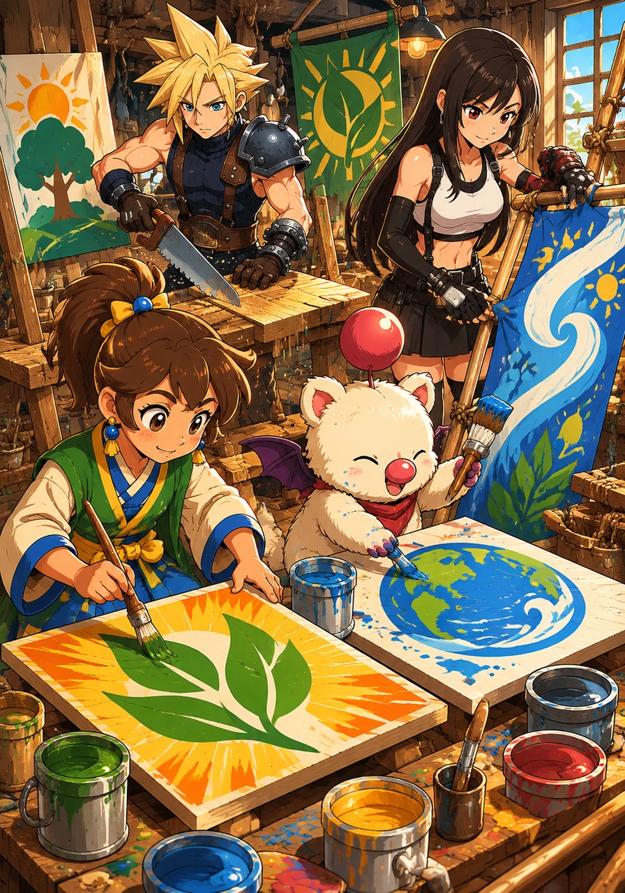 Everyone started working on the protest plan. Astra and the Moogle painted big, colorful signs with powerful messages like "SMELL THE PROBLEM" and "WE DESERVE CLEAN AIR." Cloud cut wood for the frames, and Tifa prepared banners.