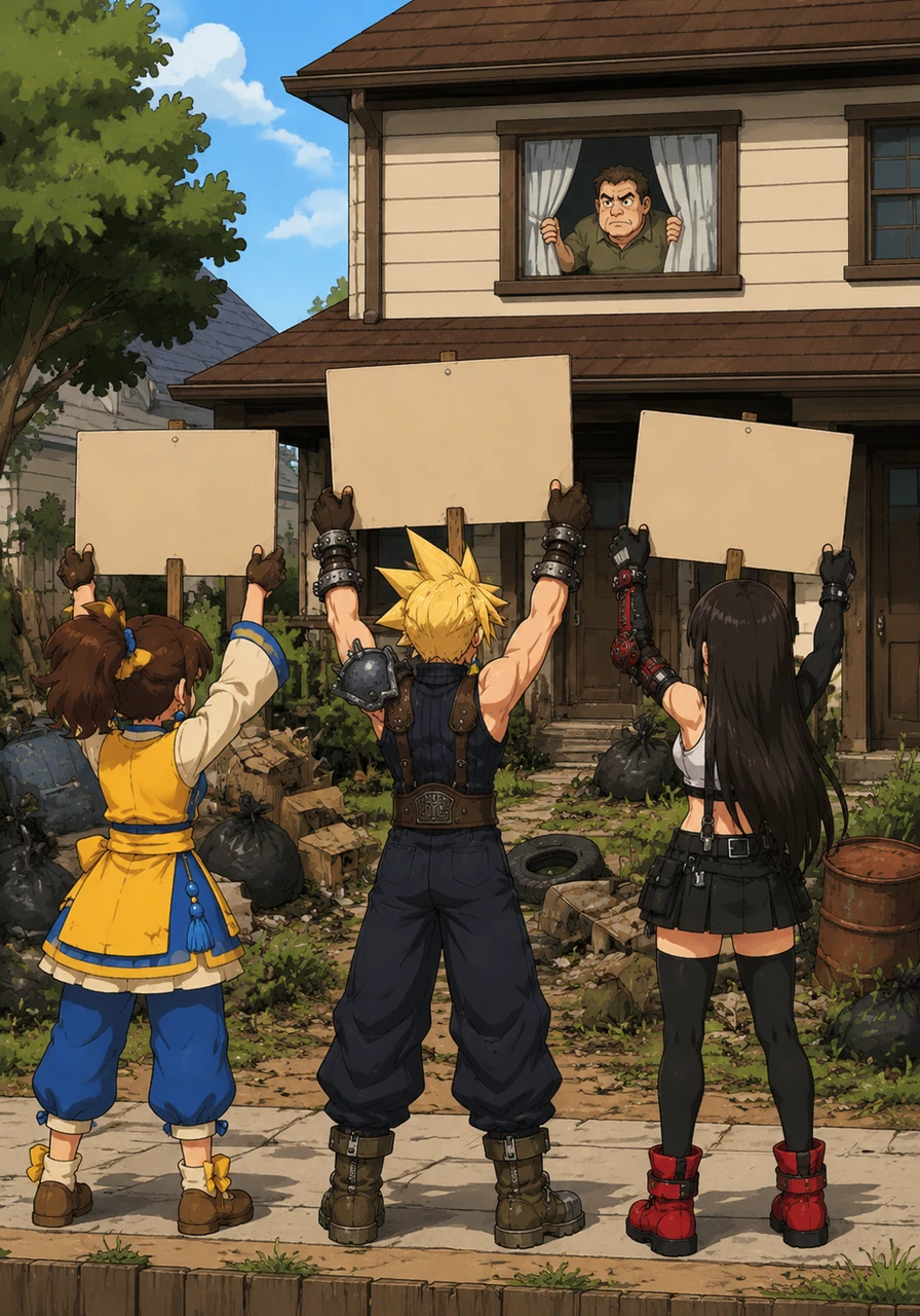 Ready with their finished signs, the heroes silently gathered just outside the messy yard. They stood shoulder to shoulder, raising their messages high, staring quietly at the neighbor's house. The neighbor looked out from behind his curtains, feeling the silent pressure.
