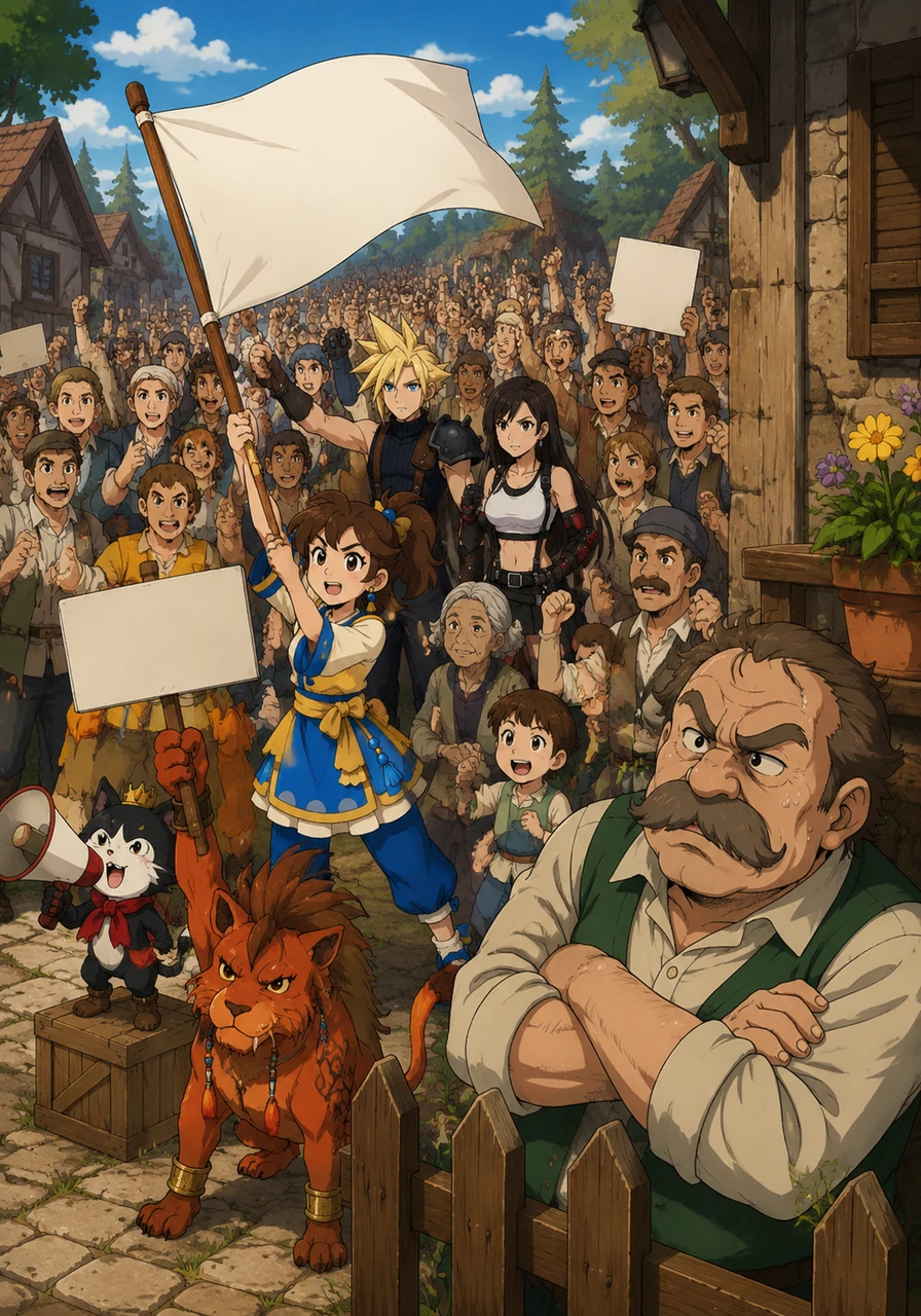 More friends joined the silent protest! Now Red XIII held a small sign, Yuffie waved a flag, and even Cait Sith came with a megaphone to help gesture. Many other townspeople arrived, inspired to help clear the air. The grumpy neighbor looked overwhelmed.