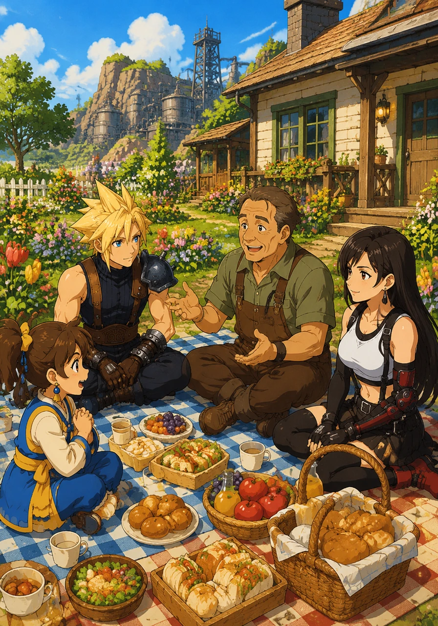 The next morning, Midgarvale was beautiful and smelled fresh. The messy yard was now full of flowers, and the high fish pole was gone. Astra and all her friends shared a big picnic with the neighbor, who smiled and said he was sorry for the big stink.