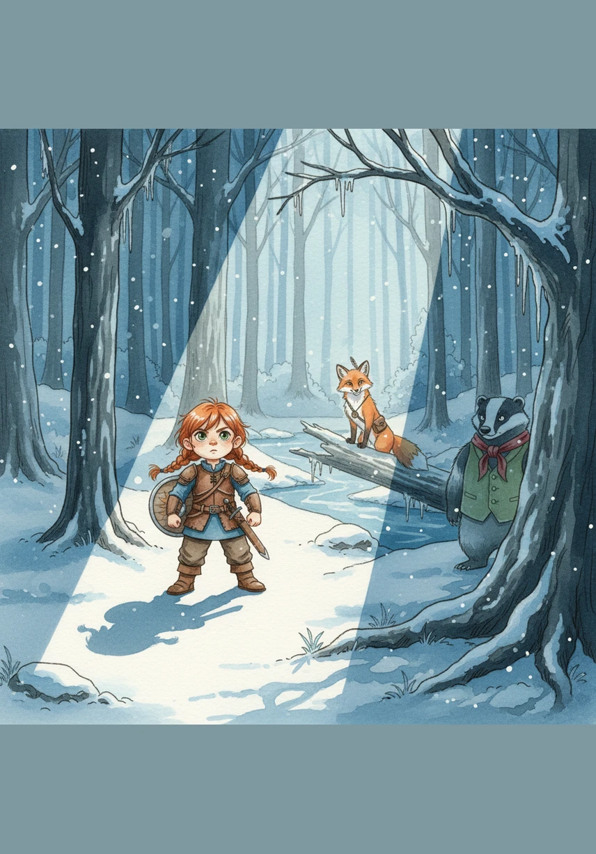 Elara steps out into a silent, frozen forest where a single iron lamppost casts a warm, golden glow against the falling snowflakes. In the far distance, the jagged peaks of the Shadow Mountains pierce the twilight sky, looking both beautiful and treacherous.