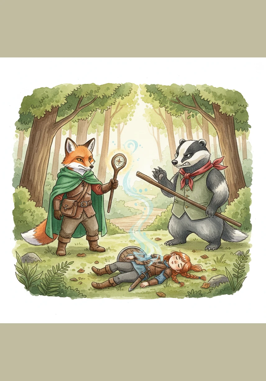 A clever fox named Finnegan, dressed in a traveler’s green cloak, scurries toward her with urgent news. He explains that a Great Shadow has stolen the sun from their world, and only a child from the world beyond the wardrobe can break the spell.