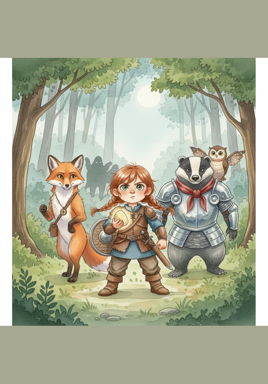 As they begin their journey, they are joined by Barnaby, a brave badger in polished silver armor, and Pip, a tiny owl with wings that sparkle like starlight. Together, this small fellowship vows to protect Elara and the Stone from the darkness that follows them.