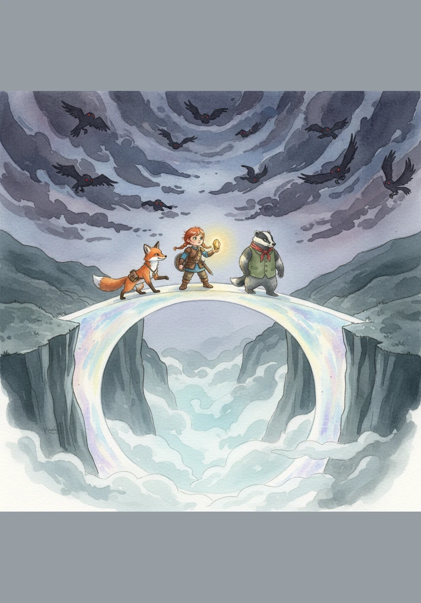 At the edge of the Roaring Chasm, they must cross a bridge woven from pure moonlight that only appears for the pure of heart. Shadow-birds circle overhead in the dark clouds, but the warmth of the Star-Stone keeps the shadows from closing in on the travelers.