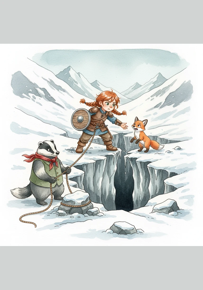 High on the mountain slopes, a majestic lion with a mane of spun gold appears from the swirling snow to offer his blessing. His deep roar echoes through the valleys like thunder, giving Elara the inner courage she needs to face the final, steep climb.