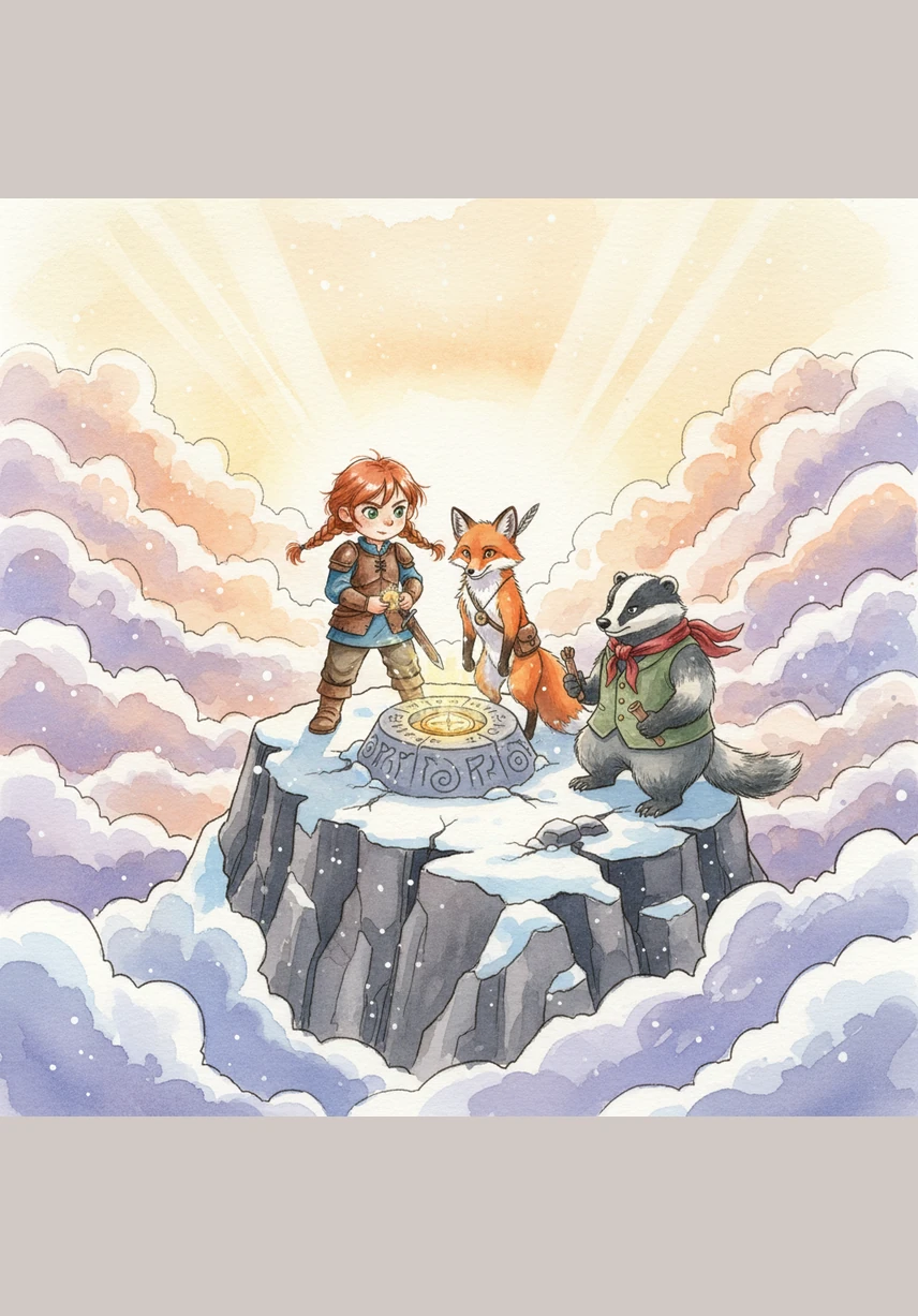 Elara reaches the ancient altar at the very top of the world and carefully places the Star-Stone into its stone cradle. A blinding flash of golden light erupts from the peak, shattering the dark clouds and sending a wave of warmth across the frozen land.