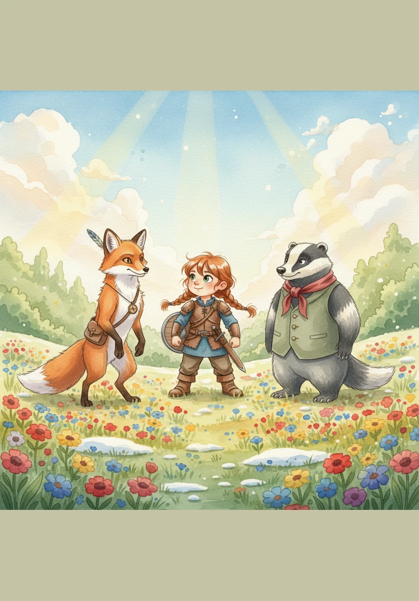 The snow melts away instantly to reveal carpets of colorful wildflowers, and the sun shines brightly for the first time in years. Elara says a heartfelt goodbye to her new friends, knowing the magic of this world and the bravery she found will stay with her forever.