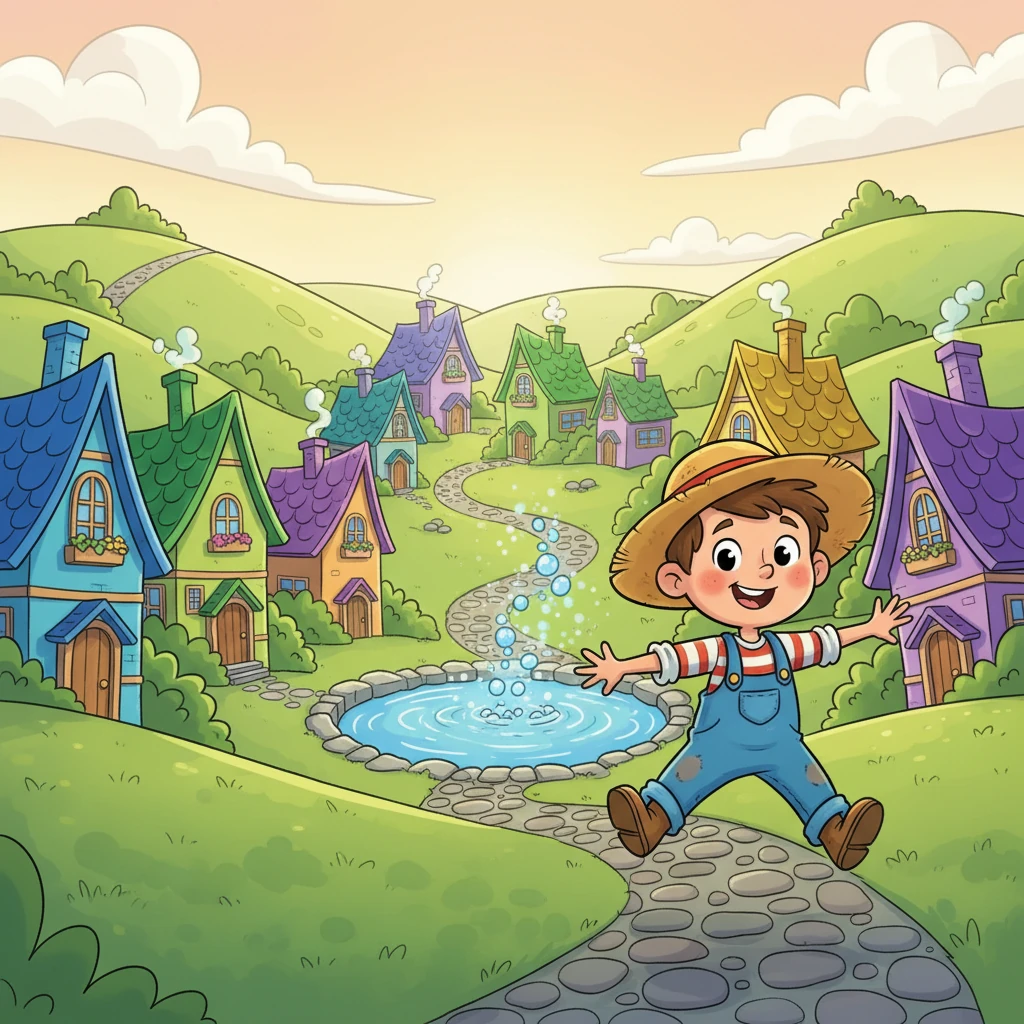 Barnaby Bramble, a cheerful boy with rosy cheeks and a straw hat, skips along a cobblestone path in Whisperwind Hollow. The village is a kaleidoscope of vibrant cottages nestled among rolling green hills, all glistening under the gentle sun. A crystal-clear spring, the heart of the village, burbles happily, its water shimmering with magical light.