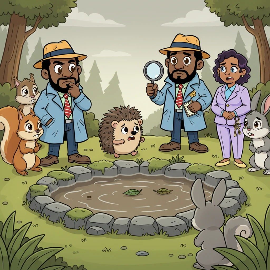 The next morning, Barnaby rushes to the spring, but his smile fades. The usually sparkling water is now a dull, murky brown, and its magical glow is gone. Worried villagers gather, their faces etched with concern, wondering what has happened to their precious spring.