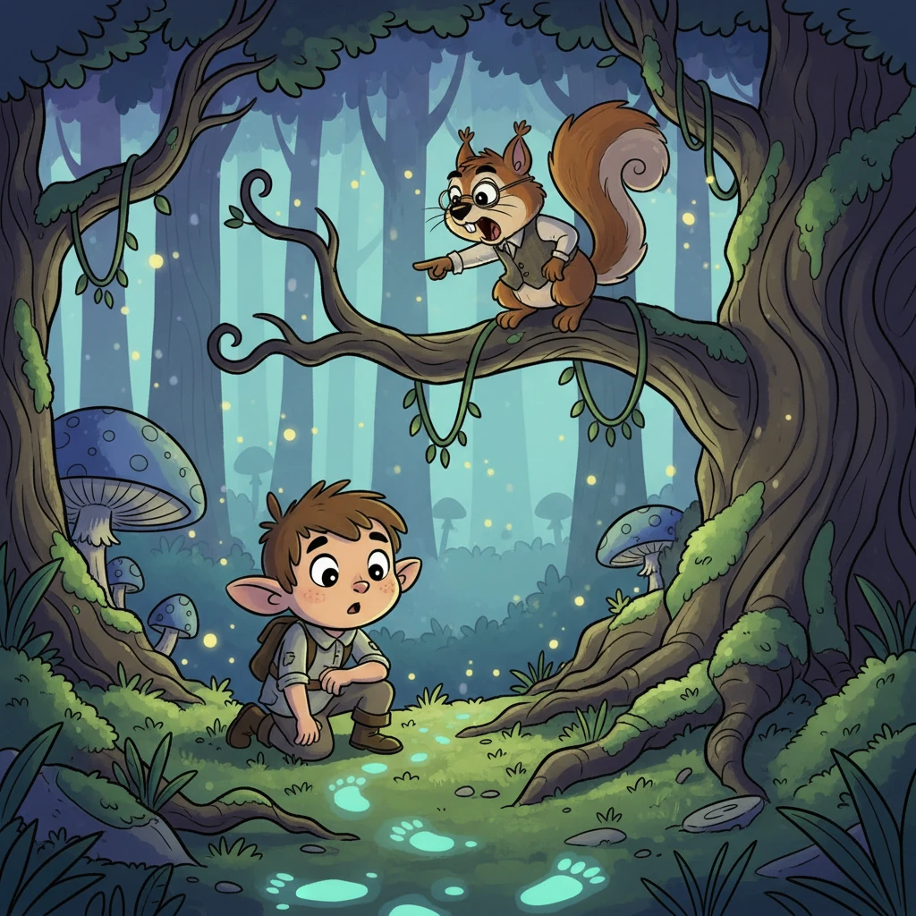 Deep within the enchanting woods, Barnaby discovers a trail of faint, glowing footprints leading deeper into the mossy undergrowth. Suddenly, a wise old squirrel, Professor Nutkin, with spectacles perched on his nose, chitters a cryptic warning from a gnarled oak branch, pointing a tiny paw further along the path.