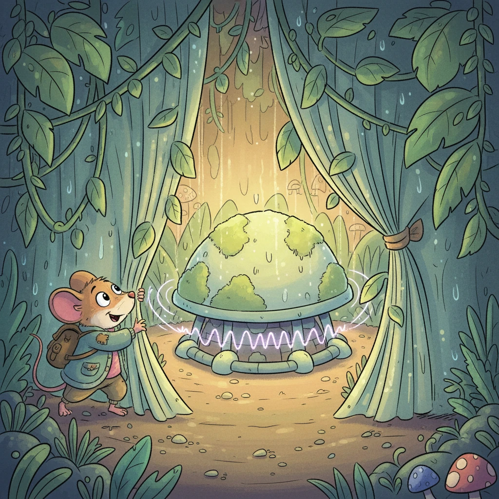 Following Professor Nutkin's hurried guidance, Barnaby pushes through a curtain of shimmering vines. There, hidden in a secluded clearing, stands a strange, dome-shaped machine, covered in glowing moss and humming with a soft, rhythmic pulse. The air around it feels unusually warm and damp.