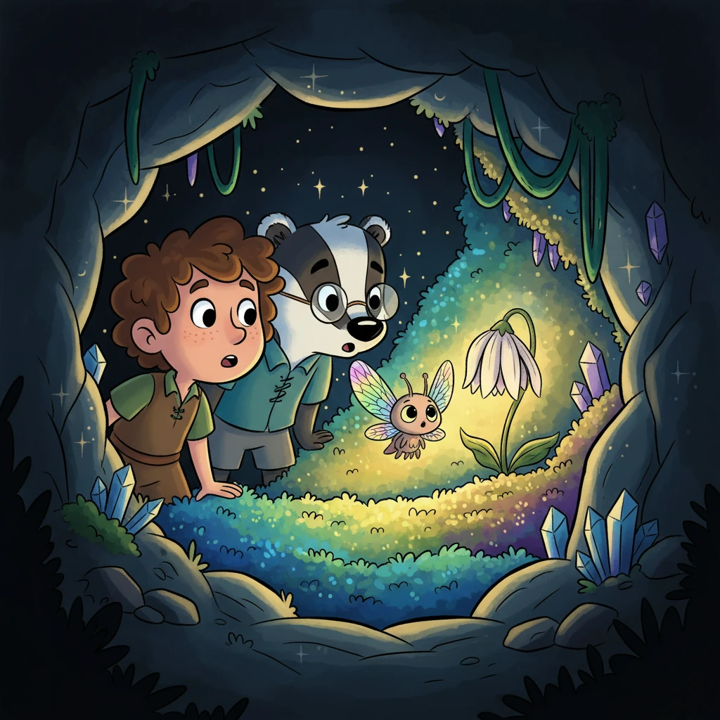Peeking inside a cozy cave nearby, Barnaby and Professor Nutkin discover a tiny, shy creature, a Glimmerwing, with iridescent wings, tending a garden of intensely glowing moss. The Glimmerwing looks startled, its large, luminous eyes wide with surprise, next to a withered, sad-looking moon-flower.