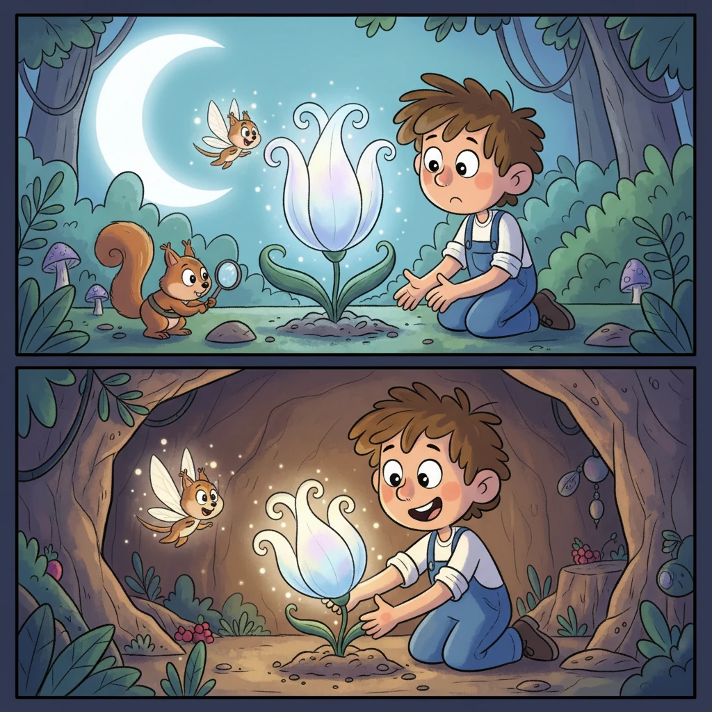 With Professor Nutkin's sharp nose for nature, they journeyed to a secret glade and found a vibrant, healthy moon-flower, its petals glowing softly. Together, Barnaby and the Glimmerwing carefully transplanted the new flower to the Glimmerwing's cave, its radiance instantly filling the space. The Glimmerwing chirped with delight.