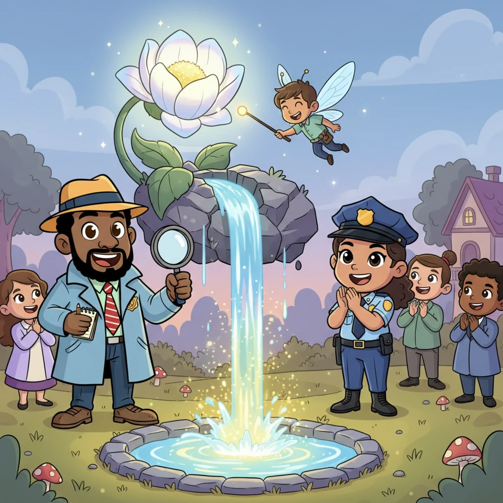As the new moon-flower pulsed with light, the Glimmerwing, with a happy flutter, gently redirected the stream, and a gush of sparkling, crystal-clear water burst forth. Down in Whisperwind Hollow, the spring shimmered back to life, its magical glow returning, much to the joyful cheers of the villagers.