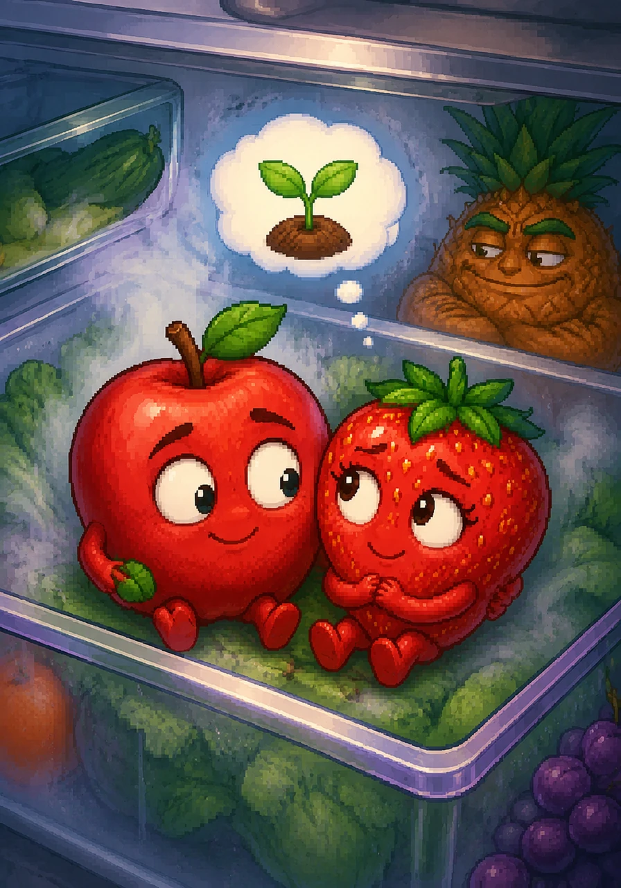 Arthur the Apple and Stella the Strawberry share a sweet, quiet moment in their cozy crisper drawer, surrounded by a soft cooling mist. They look like the perfect pair, dreaming of the day their little seedling will finally arrive.