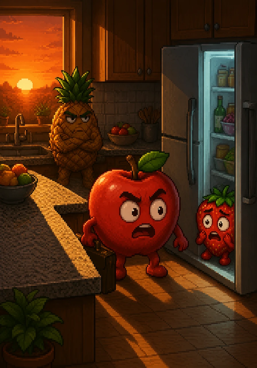 The sun sets over the kitchen, casting long, dramatic shadows across the granite counter as Arthur returns home unexpectedly early. A low, somber cello melody seems to hum through the air as he notices the refrigerator door is slightly ajar.