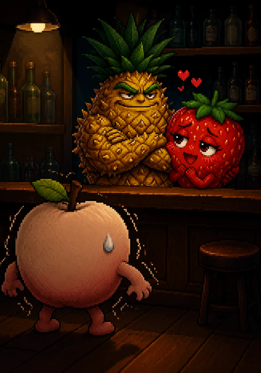 Arthur stops in his tracks, his glossy red skin turning pale with shock at the sight on the dimly lit counter. Stella is not alone; she is standing close to Paulo, a rugged and spiky pineapple who wears a smug, arrogant expression.