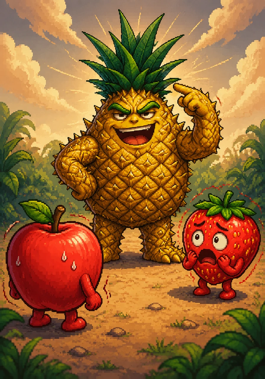 Paulo mocks Arthur in a deep voice, claiming that a smooth-skinned apple could never provide the excitement and grit that a strawberry truly desires. He flaunts his sharp, crown-like leaves, making Arthur feel small and polished.