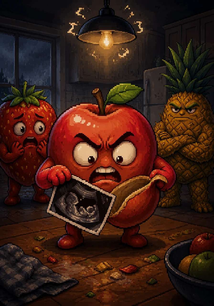 The tension reaches a breaking point as Arthur reaches into his peel and pulls out a crinkled ultrasound photo. He stares at the image with eyes full of betrayal while the kitchen lights flicker overhead like a storm is coming.