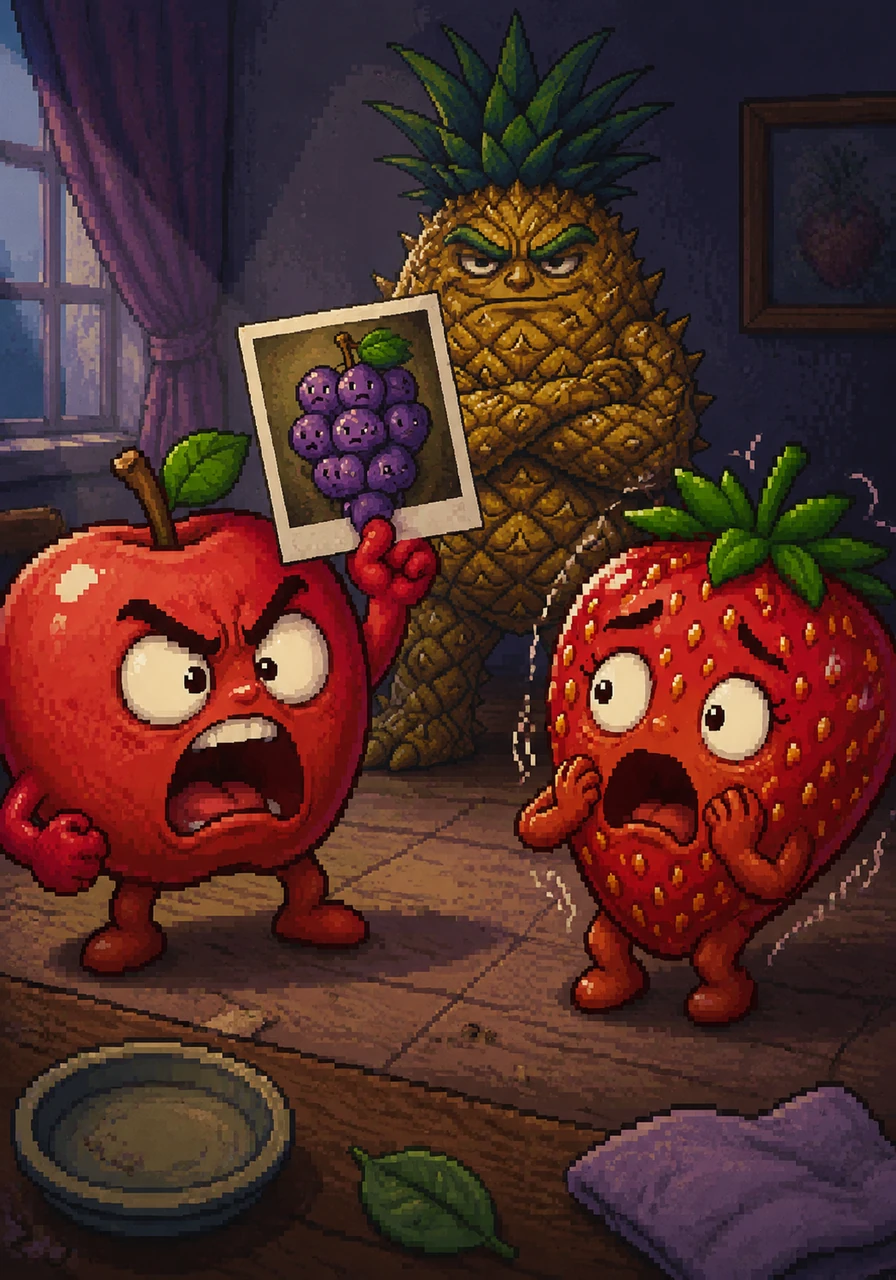 Arthur delivers the crushing blow, revealing that the baby in the photo isn't round or red, but small, purple, and part of a cluster. He screams that the baby is a grape, leaving Stella frozen in a state of absolute terror and guilt.