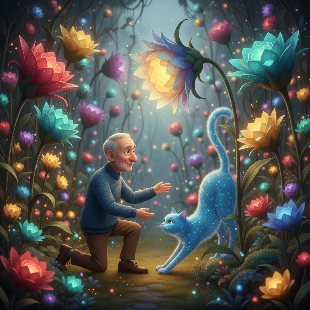 Mr. D'Souza, a kind elderly man, embarks on a journey through the vibrant, glowing Cat Garden. He is determined to find the perfect cat for his beloved wife, who has lost her eyesight, hoping to fulfill her birthday wish for a gentle companion. The magical forest is filled with sparkling flowers and magnificent, shimmering cats of every color imaginable, each more beautiful than the last.