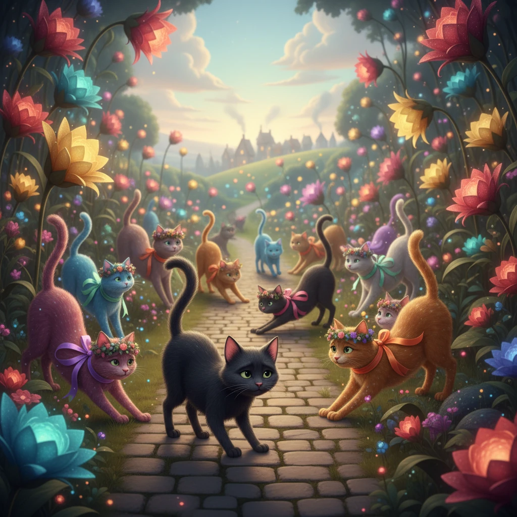 The next day, the cats prepare for their journey to the village, adorning themselves with ribbons, tiny coats, and flower crowns. Amidst the flurry, a small, unassuming black cat with dull fur and a crooked tail quietly walks along, not seeking to win but simply hoping for a meal, as he is hungry and lonely.
