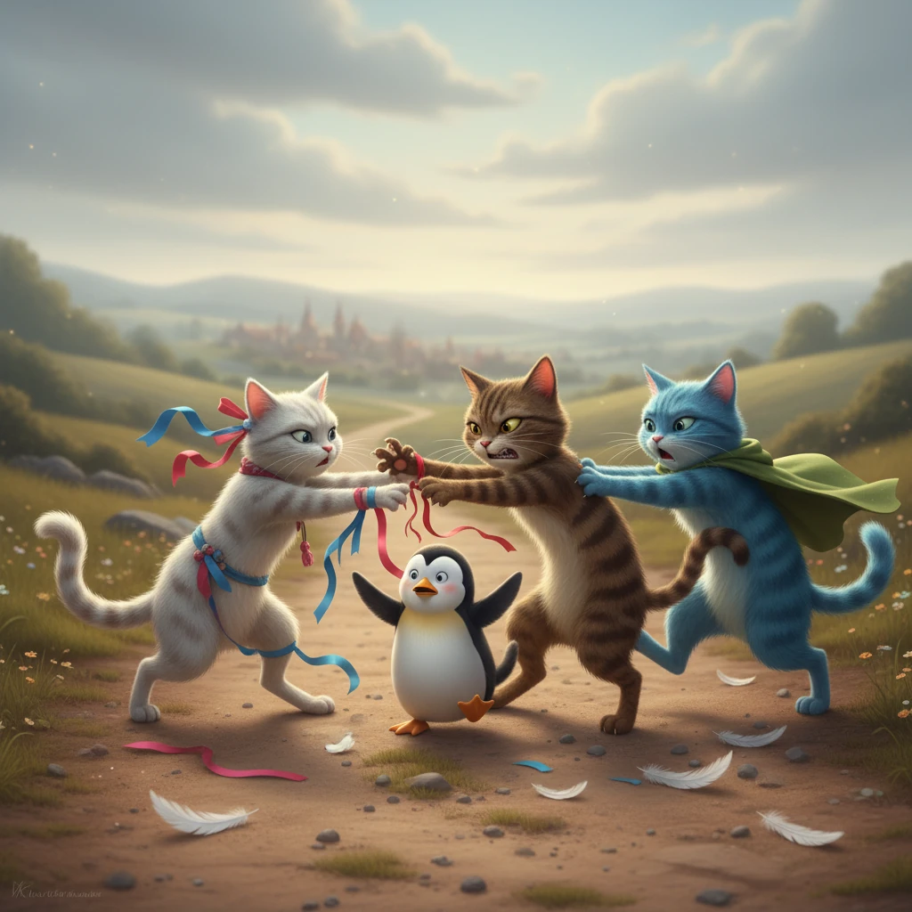 As the cats journey towards the village, their initial excitement turns into fierce competition. Jealousy sparks arguments, leading to a chaotic brawl where ribbons are pulled, fur is scratched, and elegant outfits are torn. The once-beautiful cats arrive disheveled and angry, their pride having blinded them to their own ugliness.