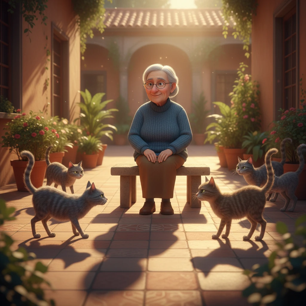 Mrs. D'Souza, with a gentle smile, sits in her courtyard, patiently waiting. One by one, the dishevelled, arrogant cats approach, but she senses their anger and unkindness without seeing them. Their rough fur and rude behavior reveal their true nature.