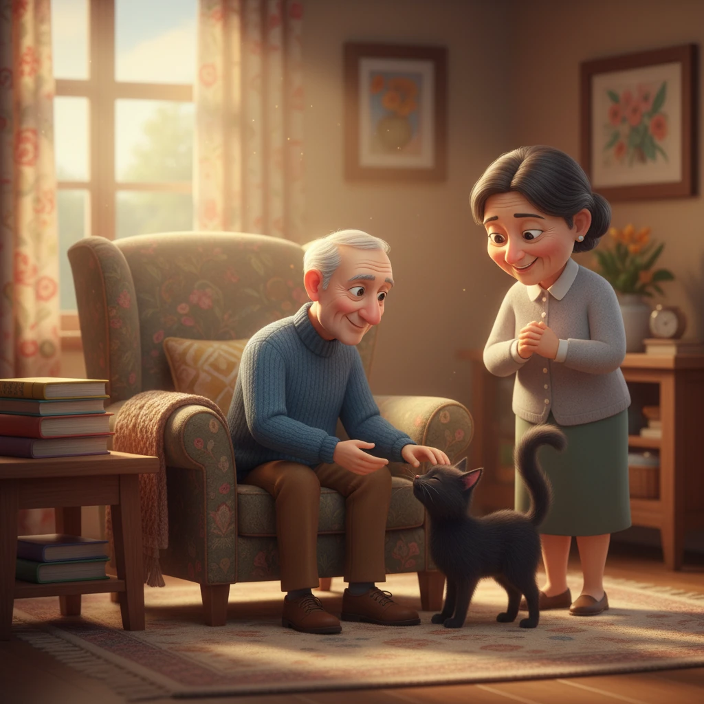 Finally, the little black cat, Shadow, approaches Mrs. D'Souza. He gently rubs his head against her hand, radiating warmth and kindness. Mrs. D'Souza instantly chooses him, feeling his humble and loving spirit. Mr. D'Souza smiles, knowing they have found the most beautiful cat of all, a loyal companion named Shadow.