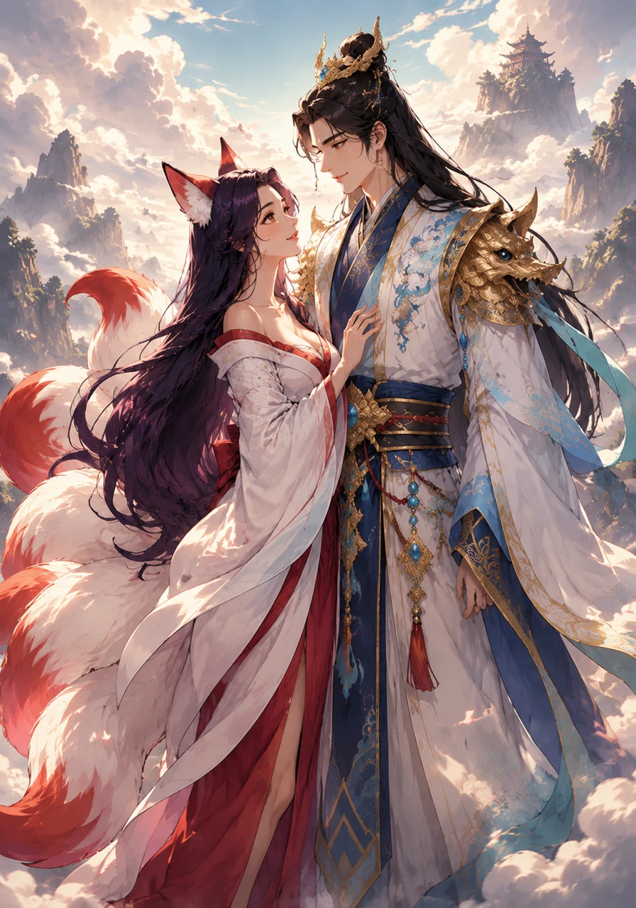 In a mystical ancient realm, Wu Yi, a beautiful and powerful fox spirit, gazes lovingly at her partner, Ji Ling, a noble descendant of the divine dragon. They stand atop a cloud-shrouded mountain peak, blissfully unaware of the tragic fate looming over their forbidden bond.