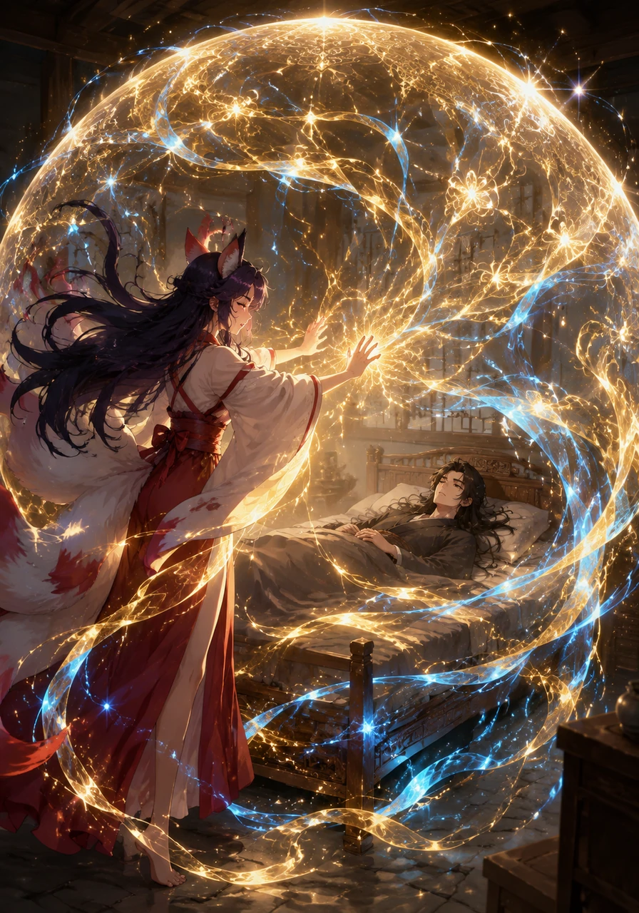 Realizing that she cannot change the threads of fate, Wu Yi decides to surrender her own future to save the one she loves. Gathering every ounce of her remaining spiritual essence, she weaves a massive, shimmering protective barrier around a sleeping Ji Ling to keep him safe for centuries.